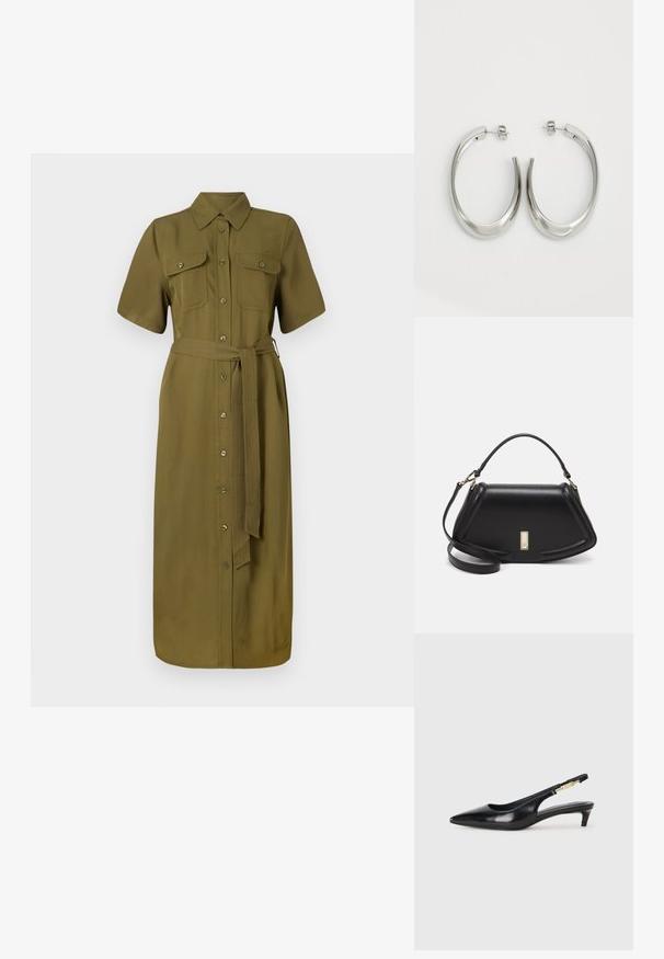 Rochie cămașă khaki, cu mâneci scurte, cu nasturi pe față, două buzunare pe piept, talie cu cureaua, de lungime medie, textură de material neted.; Sandale slingback din piele neagră cu vârf ascuțit, având un toc subțire și un accent de culoare aurie pe curea ajustabilă. Textură netedă.; Geantă de umăr din piele neagră, cu un design structurat, având o formă tăiată, mânere superioare și accente din aur. Include o curea de umăr ajustabilă.; Cercei din argint, cu un design neted și curbat. Prezintă o finisare metalică strălucitoare și închidere cu stud. Fără modele sau accente vizibile.