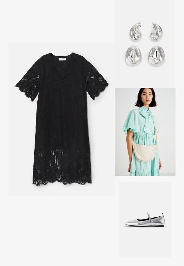 Čierne čipkované šaty s výstrihom do V a krátkymi rukávmi, s vlnitými okrajmi a zložitými kvetinovými vzormi po celej látke.; Strieborné metalické baleríny s špicatou špičkou, remienkom okolo členka s nastaviteľnou prackou, textúrovaným povrchom a minimálnou čiernou podrážkou.; Krémová kabelka s zakriveným tvarom, mäkkou textúrou a nastaviteľným popruhom, nosená cez svetlú mätovú zelenú šifónovú šaty.; Strieborné náušnice s dvoma tvarmi v tvare kvapky a dvoma zaoblenými tvarmi, všetky s lesklým, odrazovým povrchom a hladkou štruktúrou.