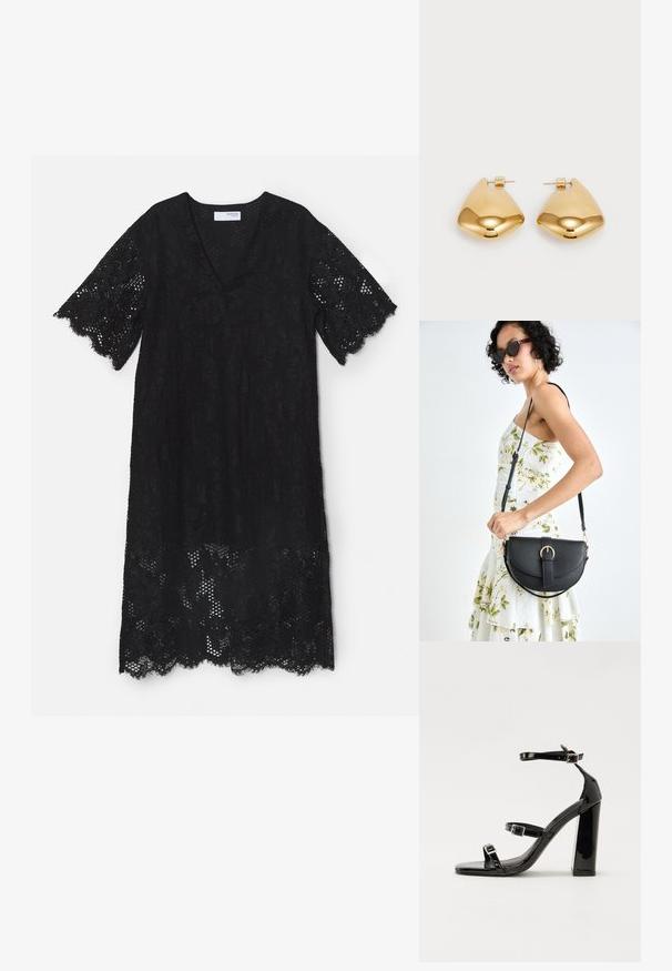 Rochie din dantelă neagră, cu decolteu în V și mâneci scurte, având margini ondulate și modele florale elaborate pe întreaga țesătură.; Sandale negre din piele lacuită, cu toc înalt, două curele cu catarame, vârf pătrat și toc gros, având o textură netedă și lucioasă.; Geantă din piele neagră, cu o formă curbată, curea detașabilă și accesorii aurii. Geanta are un capac cu un detaliu tip cataramă.; Cercei din metal de culoare aurie, cu o formă triangulară rotunjită și un design cu prindere pe spate; suprafață reflectorizantă cu detalii minime.