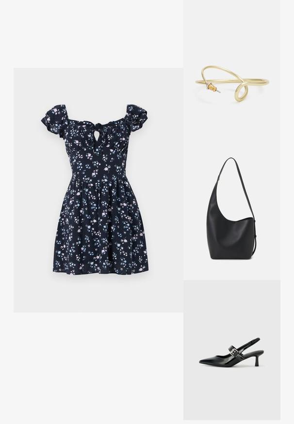 Merine lillelise kleit tumesinises kangas, lühikeste puffvarrukatega, rinnas on võtmeaugu detail ja laienev seelik, mis on kaunistatud roosa ja helesinise lilledega.; Mustad patenteeritud nahast sildiga kontsad, millel on terav nina ja väike plokk-konts, mille rihmal on hõbedane pandla aksessuaar.; Mustast nahast hobo kott, millel on sile tekstuur, kumer kuju ja üks reguleeritav rihm; peal on lai avaus.; Kuldne metallist käevõru, millel on voolav ja kõver disain. Ühel otsal on väike, silmapaistev hõbedane aktsent.