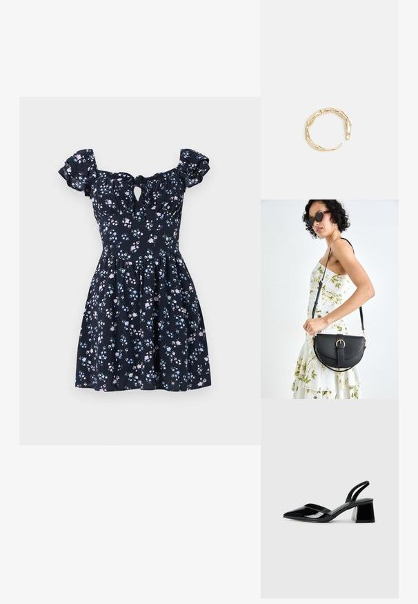 Gėlėta suknelė tamsiai mėlynos spalvos audinio, su trumpomis pūstomis rankovėmis, iškirptės detale krūtinėje ir platėjančia sijonu, puoštu rožinėmis ir šviesiai mėlynomis gėlėmis.; Juodos lakuotos odinės šlepetės su smailiu pirštu ir geometriniu bloko kulnu. Turi elegantišką, minimalistinį dizainą ir lygų paviršių.; Juodas odinis krepšys su išlenkta forma, nuimamu dirželiu ir auksiniais detalėmis. Krepšys turi kilpą su sagtimi.; Auksinės spalvos žiedas, turintis organišką, sukimosi dizainą su lygiu paviršiumi ir siaurėjančiais galais, sukuriantis modernią skulptūrinę išvaizdą.