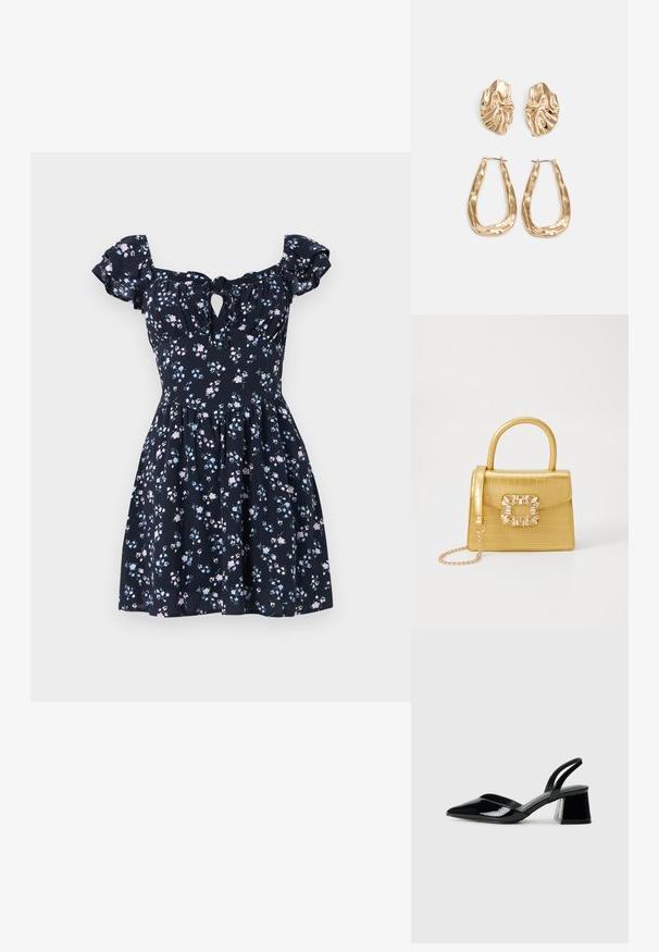 Blomsterkjole i marineblått stoff med korte pufferm, et nøkkelhullsdetalj ved brystet og en flagrende skjørt som har rosa og lyseblå blomster.; Svarte patentlær slingback hæler med spiss tå og geometrisk blokk hæl. Har et stilrent, minimalistisk design og jevn tekstur.; Gul faux-krokodille veske med en strukturert design, toppen håndtak, avtagbar kjede stropp, og dekorativ krystallbortsettelse på låsen.; Gullfargede øredobber med teksturerte, bølgete former. Inkluderer skulpturelle klipsstuds og åpen hoop-design med en hamret finish.