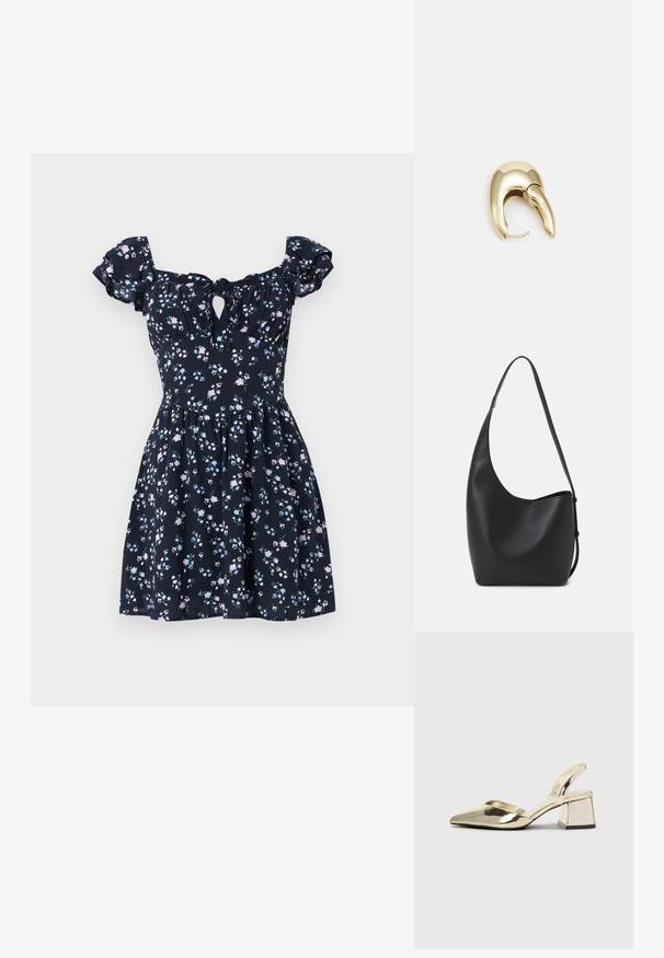 Gėlėta suknelė tamsiai mėlynos spalvos audinio, su trumpomis pūstomis rankovėmis, iškirptės detale krūtinėje ir platėjančia sijonu, puoštu rožinėmis ir šviesiai mėlynomis gėlėmis.; Auksiniai, metaliniai slingback aukštakulniai bateliai su smailiu pirštu ir masyviu kulnu. Lygus paviršius, minimalizmo dizainas ir siaura juostelė.; Juodas odinis hobo maišas su lygiu paviršiumi, kreipta forma ir viena reguliuojama rankena; turi platų atidarymą viršuje.; Aukso tono metalinės auskarai su stilingu, kreiviu dizainu. Išsiskiria ryškiu smailiu pavidalu, poliruota paviršiumi ir užsegimu su vyriu.