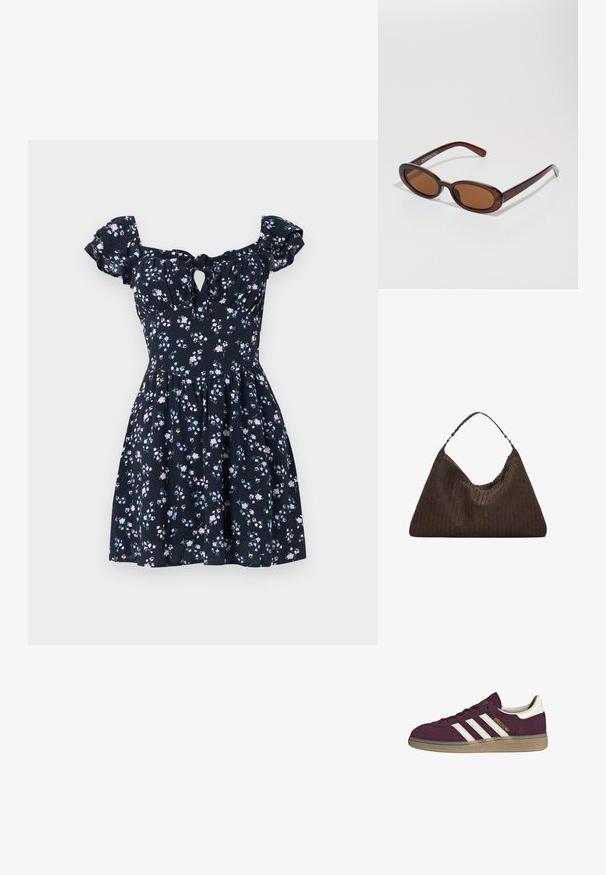 Cvjetna haljina od tamnoplave tkanine s kratkim napučenim rukavima, detaljem u obliku ključa na prsima i lepršavom suknjom s ružičastim i svijetloplavim cvjetovima.; Maroon zamšene tenisice s bijelim tri pruge i bež detaljima. Imaju teksturiranu gumenju potplat i zlatni logotip sa strane.; Okvir okruglih, smeđkastih sunčanih naočala s sjajnim burgundskim okvirom. Uski nositelji s suptilnim brendiranjem. Ravna leća.; Smeškan smeđi kožni torbica u obliku trokuta. Ima pletenu ručku i patentni zatvarač na vrhu.