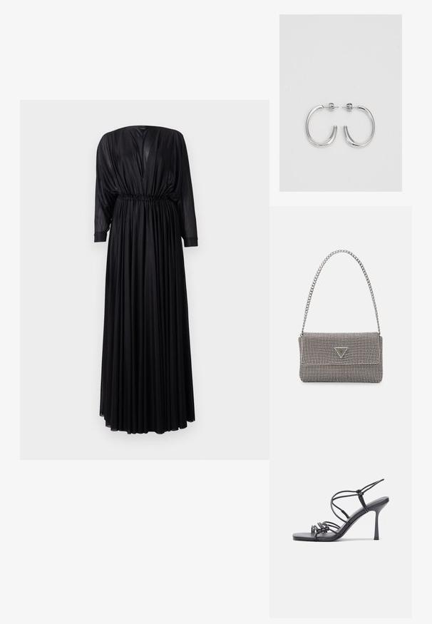 Juodas maksi suknelė pagaminta iš lygios medžiagos, pasižyminti giliu V formos iškirpimu, elastinga juosimi ir ilgomis rankovėmis su susiraukšlėjimais. Horizontalios klostės visoje suknelėje.; Juodos aukštakulnės sandalai pasižymi plonyčiais dirželiais su mazgo dizainu, lygiu kvadratiniu pirštu ir elegantišku stiletto kulnu.; Šviesiai pilka metalinė rankinė su grandinėlės dirželiu, papuošta mažais apvaliais metaliniais smeigėmis ir trikampiu prekės ženklu.; Sidabrinės auskarai žiedai su lygiu, blizgiu paviršiumi. Suapvalinta forma, lengvas dizainas, su uždarymu ant smeigtuko.
