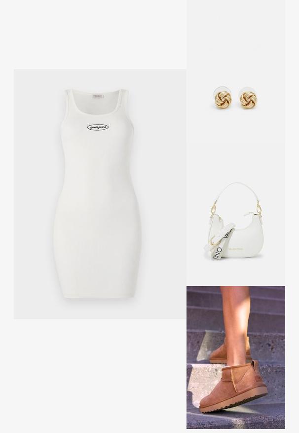 Vestido bodycon branco com nervuras, decote em forma de barco e alças finas, apresentando um logo bordado em preto "guess.jeans" na parte da frente.; Botas de tornozelo em camurça clara com uma textura suave, detalhes costurados e sola em borracha, apresentando um salto com alça para facilitar o calçar.; Bolsa branca com uma silhueta curvada, couro texturizado, acessórios em dourado e uma alça destacável com detalhe de logotipo e fivela.; Brincos de pressão em tom dourado com um design torcido. Cada brinco possui uma base circular transparente para um uso seguro.
