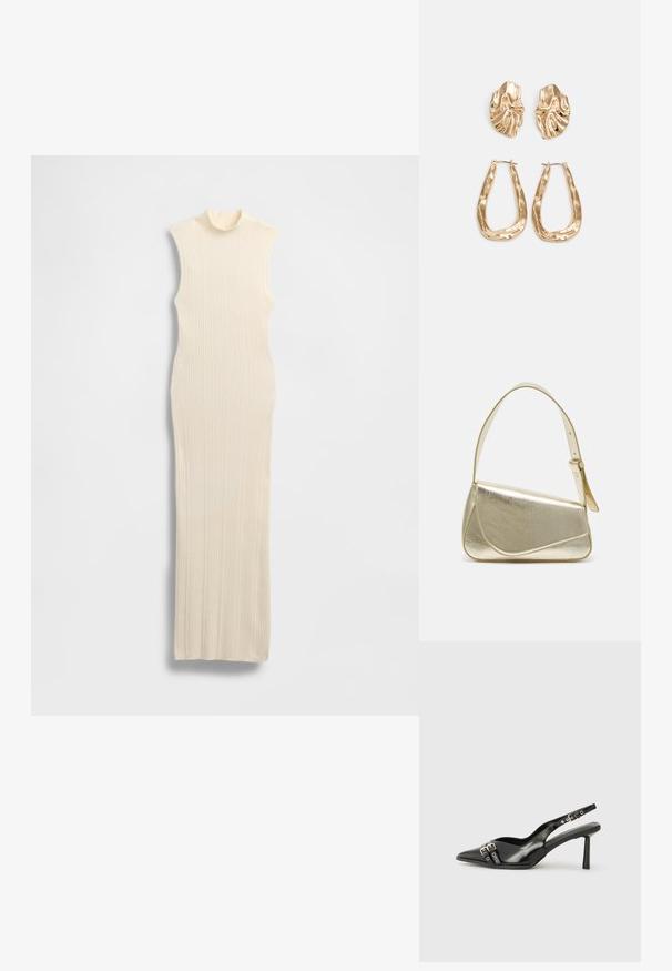 Garš, bezpiedurkņu kleita krēmkrāsā ar augstu apkakli. Ribaina tekstūra, pieguļošs dizains un līdz grīdai sasniedzīgs siluets.; Melnā patentēta ādas sandale ar norādītu purngalu, potītes siksniņām ar sudraba sprādzēm un aparatūru, kā arī smalku papēdi.; Zelta metāla somiņa ar strukturētu dizainu, gludu tekstūru un regulējamu siksniņu. Iezīmējas ar unikālu trīsstūrveida formu un minimālistisku šuvumu.; Zelta krāsas auskari ar teksturētām, viļņotām formām. Iekļauts skulpturāls piespraužams modelis un atvērta gredzenveida konstrukcija ar izsistām virsmām.