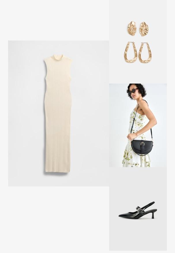 Długa, bezrękawnikowa, kremowa sukienka z wysokim, dopasowanym golfem. Żebrowana faktura, dopasowany krój i długość do ziemi.; Czarne lakierowane szpilki slingback z wąskim noskiem i małym słupkiem, z ozdobnym srebrnym klamrą na pasku.; Czarna skórzana torebka o zakrzywionym kształcie, z odpinanym paskiem i złotymi akcentami. Torebka posiada klapę z zapięciem w kształcie klamry.; Złote kolczyki w odcieniu, prezentujące teksturowane, faliste kształty. Zawierają rzeźbiarskie klipsy i otwarty projekt kółek z młotkowanym wykończeniem.