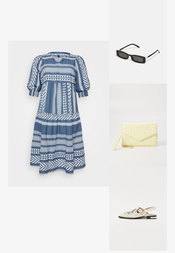 Kratka modra obleka s belimi geometričnimi vzorci, z okroglim izrezom, nabrano pasom in širšim krilom. Mehka tkanina z teksturirano površino.; Sandal v slogu z odprtim peto v beli usnjeni obvali z več širokimi trakovi in srebrnimi zaponkami; ravni podplat z majhno črno peto in kovinskimi detajli.; Črne pravokotne sončne očala s temnimi lečami, sijajnim plastičnim okvirjem in zlatimi poudarki na ušesnih delu. Minimalistična zasnova in eleganten oblik.; Rumena pletena torbica za ključe z zapiralom, odstranljivim zapestnim trakom in zlatim verižnim poudarkom. Gladka tekstura in pravokotna oblika.; Srebrni obroči za ušesa z gladko, polirano površino. Okrogla oblika in varna zaponka s klikom. Lahka zasnova, primerna za vsakodnevno nošenje.