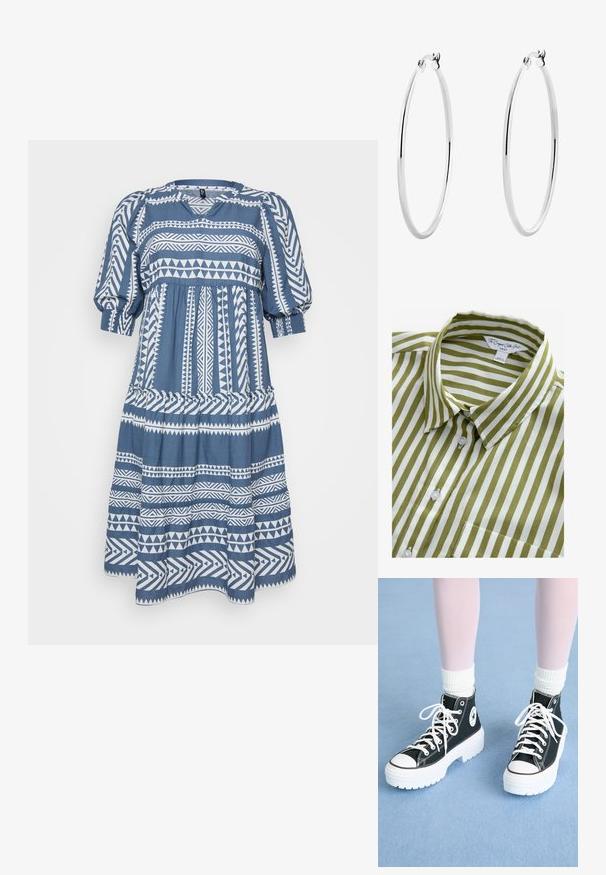 Mėlynas trumpomis rankovėmis su baltomis geometrinėmis raštilais, apvaliu iškirpimu, surinktu liemeniu ir plačiu sijonu. Minkšta medžiaga su tekstūruotu paviršiumi.; Žalias ir baltas dryžuotas trumpas rankovėmis marškinėliai su apykakle, mygtukų užsegimu priekyje ir viena krūtine kišenė. Pagaminta iš lygaus medvilnės audinio.; Juodi aukšti sportbačiai su baltais padais ir raišteliais, su apvaliu logotipu šone ir kontrastinga juoda siūle. Tekstūruota viršutinė medžiaga.; Sidabriniai auskarai žiedai su lygiu, poliruotu paviršiumi ir plonu, apvaliu formatu. Dizainas turi saugų užsegimą.