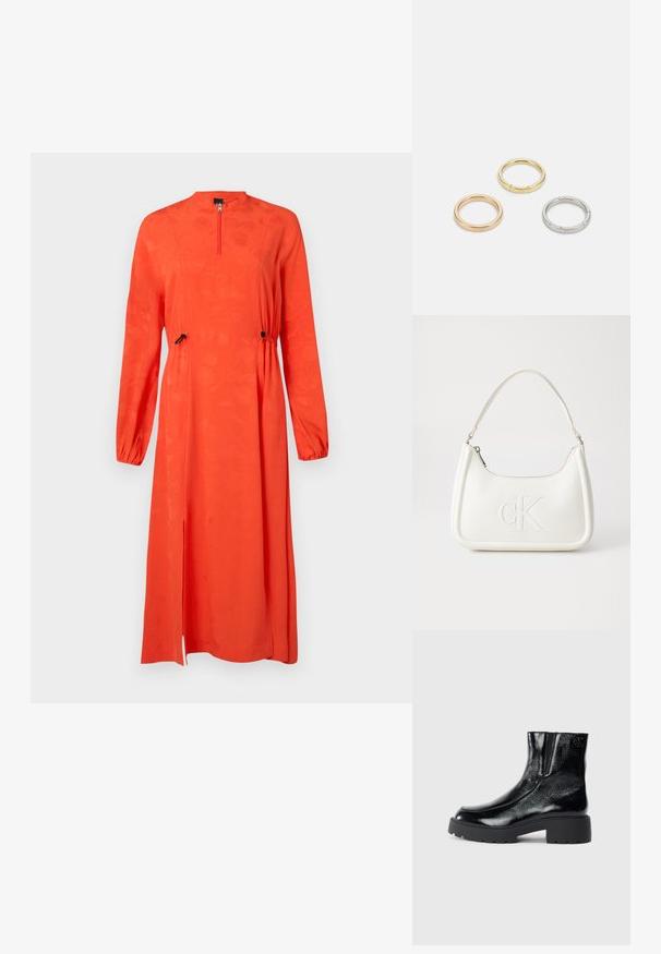 Robe rouge à manches longues avec un col haute, fermeture éclair, taille élastiquée, fentes latérales et motif floral texturé.; Bottines noires avec une finition en cuir verni brillant, semelle en caoutchouc noir épaisse et talon surélevé ; inclut un détail de logo subtil sur le côté.; Sac à main en cuir blanc avec une forme courbée, arborant un logo "CK" embossé à l'avant et une seule bandoulière. Fermeture à glissière en haut.; Trois anneaux en métal : un en or rose, un en or avec des accents texturés, et un en argent, tous avec une gravure de marque à l'intérieur de la bande.