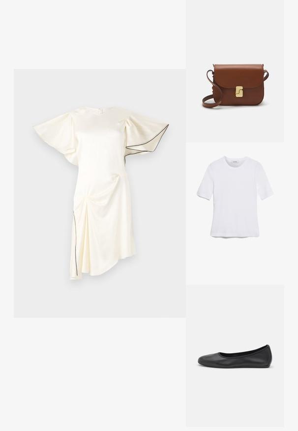 Bela satenasta obleka s kratkimi, širokimi rokavi, z drapiranjem in kontrastnim črnim šivom ob robu in rokavih.; Bela kratka majica s kratkimi rokavi iz rebrastega materiala. Okrogla ovratnica, običajen kroj in subtilni šivi. Brez vzorcev ali grafik.; Črne usnjene balerinke z zaobljenim nosom, gladko teksturo, minimalnimi šivi in fleksibilno zasnovo podplata.; Rjava usnjena torbica s poklopcem, zlato obarvani okovi, naramnica in gladka tekstura. Kompaktna pravokotna oblika.
