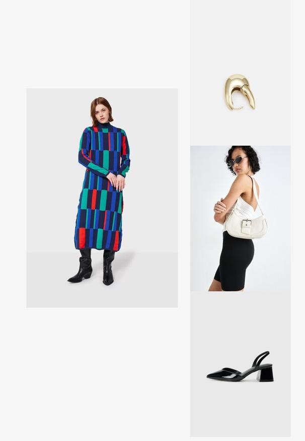 Donna in piedi che indossa un lungo vestito geometrico colorato con strisce blu, verdi e rosse, abbinato a stivali neri al ginocchio.; Décolleté in vernice nera con punta affusolata e tacco in geometria cubica. Presentano un design elegante e minimalista, con una texture liscia.; Borsa a mano in pelle bianca con forma curvata, tracolla regolabile e un piccolo dettaglio con fibbia. Il modello indossa un outfit nero aderente.; Orecchino in metallo color oro con un design elegante e curvo. Presenta una forma appuntita distintiva, superficie lucida e chiusura a cerniera.