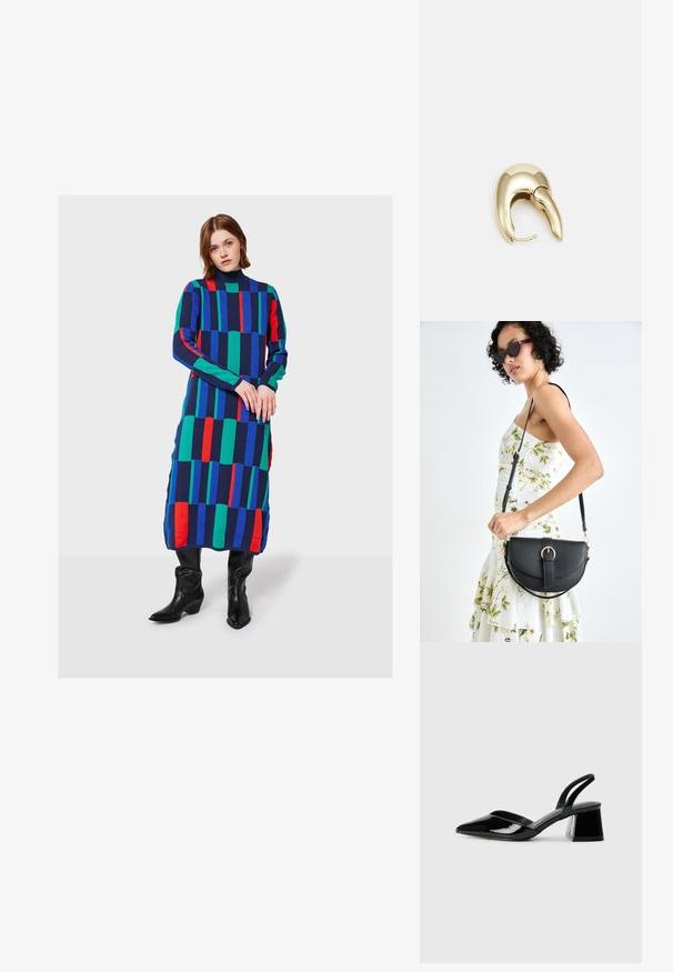 Femme se tenant debout, vêtue d'une longue robe colorée à motifs géométriques avec des rayures bleues, vertes et rouges, assortie de bottes noires jusqu'au genou.; Escarpins en cuir verni noir avec bout pointu et talon bloc géométrique. Présente un design élégant et minimaliste ainsi qu'une texture lisse.; Sac à main en cuir noir avec une forme courbée, bandoulière amovible et des accessoires en or. Le sac est doté d'un rabat avec un détail de boucle.; Boucle d'oreille en métal doré avec un design élégant et courbé. Présente une forme conique distinctive, une surface polie et une fermeture à charnière.
