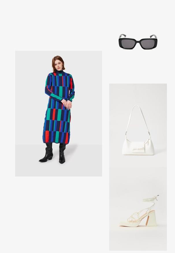 Frau steht in einem langen, bunten Kleid mit geometrischem Muster und blauen, grünen sowie roten Streifen, kombiniert mit schwarzen kniehohen Stiefeln.; Weiße High-Heel-Sandale mit einem klobigen Absatz, die über ein Riemchendesign und ein Knöchelband verfügt. Glatte Textur mit einer Plattform vorne für zusätzliche Höhe.; Schwarze rechteckige Sonnenbrille mit dunklen Gläsern, glattem Kunststoffrahmen und gebogenen Bügeln. Das Design ist klobig mit einer minimalistischen Ästhetik.; Weiße synthetische Handtasche in dreieckiger Form, flache Vorderklappe und Schleifendetail, verstellbarer Trageriemen, glatte Textur und minimalistisches Design.