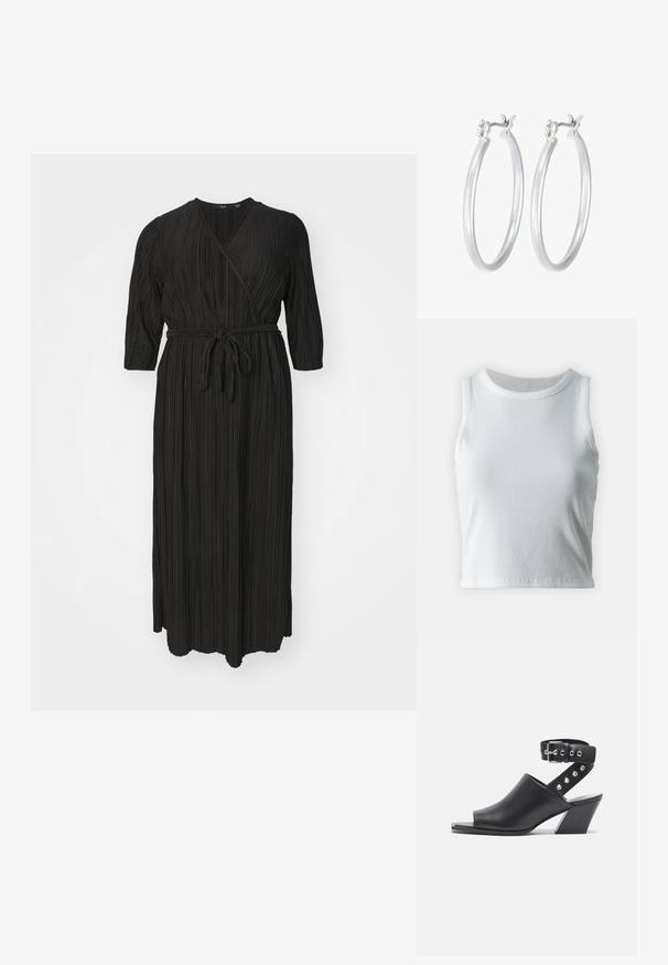 Vero Moda Curve VMCELVY ANKLE DRESS - Robe longue - black; Débardeur blanc côtelé avec un décolleté rond et sans manches, présentant un ourlet droit et une texture lisse et extensible.; Sandale à talons en cuir noir open-toe avec sangle autour de la cheville, présentant une fermeture à boucle et des clous en argent sur la sangle, dotée d'un talon bloc.; Boucles d'oreilles en argent avec une finition lisse et polie. Forme ronde et fermeture à clip sécurisée. Design léger adapté pour un port quotidien.