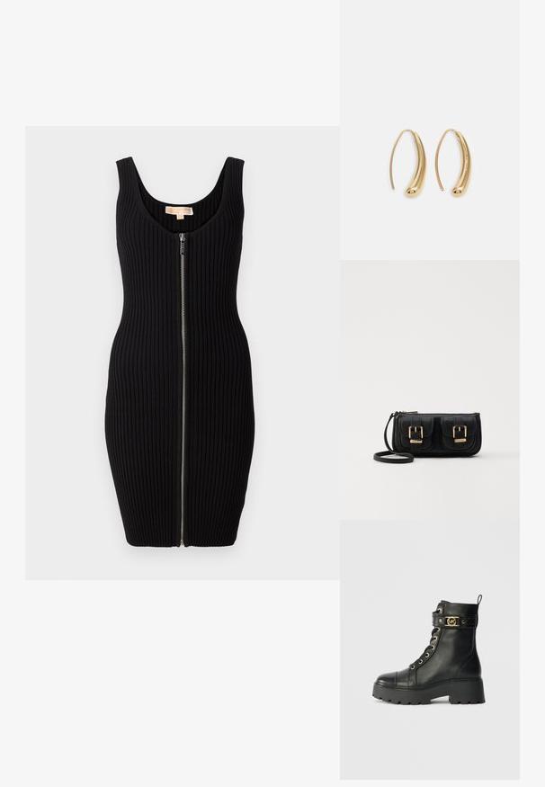 Melna ribota kleita ar cieši pieguļošu siluetu, apaļu izgriezumu un priekšējo rāvējslēdzēju. Gluda tekstūra un bez piedurknēm.; Melnas ādas potītes zābaki ar biezu platformas zoli, zelta acs caurumiņiem un dekoratīvu siksnu ar zelta logotipa akcentu.; Melnas ādas crossbody soma ar divām priekšējām kabatām, zelta sprādzēm, ar rāvējslēdzēju aizdari un šauru siksnu. Strukturēta virsma un kompakta taisnstūra forma.; Zelta toņu metāla gredzena auskari ar izliektu, pagarinātu formu. Ar gludu, spīdīgu virsma un noapaļotu galu papildu detaļām.