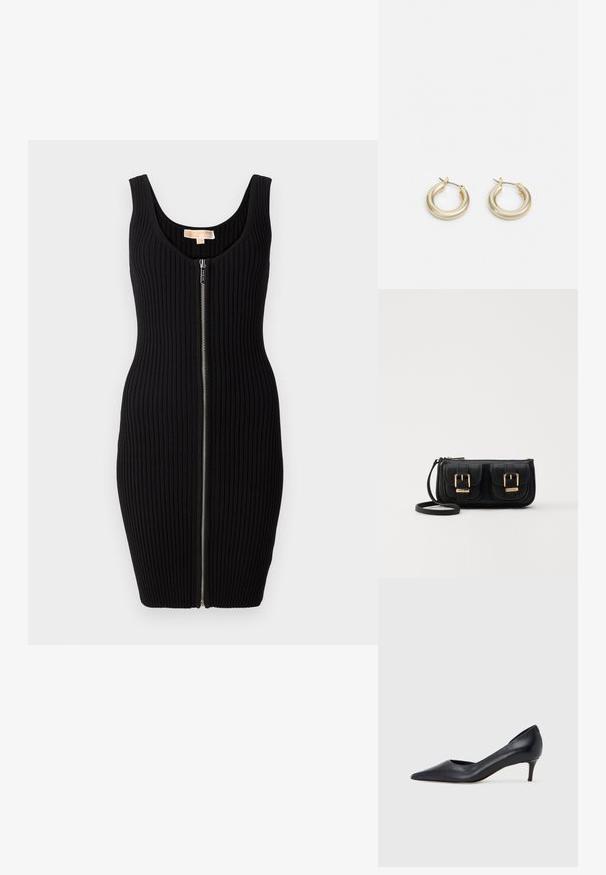 Svarte rippeklær med en tettsittende silhuett, scoop-hals og en frontglidelåsdetalj. Glatt tekstur og uten ermer.; Sort lærpumps med spiss tupp og lav hæl. Har en jevn tekstur og subtil glans. Åpen utskjæring foran for ekstra detalj.; Svart skinn crossbody veske med to frontlommer, gyldne spenner, glidelåslukking og en slank stropp. Teksturert overflate og kompakt rektangulær form.; Lauren Ralph Lauren BASIC SMALL HOOP - Øredobber - gold-coloured