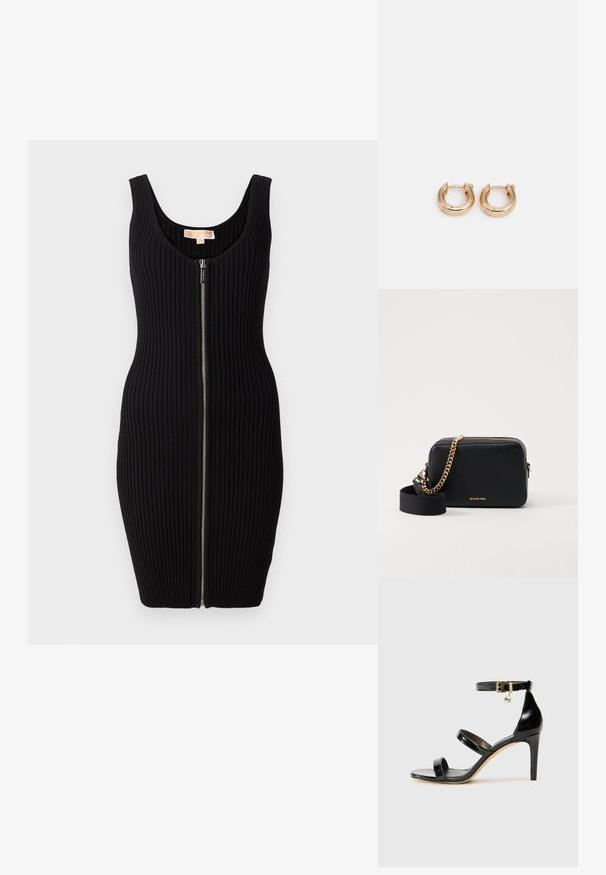 Čierne rebrované šaty s priliehavým strihom, výstrihom do tvaru lodičky a predným zipsom. Hladká textúra a bezrukávový dizajn.; Čierne lakované sandále s tromi pásikmi, spona na členku a 10 cm ihlovým podpätkom. Obsahujú zlaté detaily s hardwarem a logo prívesok.; Čierna kožená crossbody taška so zlatými reťazovými akcentmi, so zipsom na uzatvorenie a odnímateľným látkovým popruhom. Logo Michael Kors na prednej strane.; Zlaté kruhové náušnice s lešteným povrchom, so silným, obdĺžnikovým dizajnom a bezpečným uzatváracím mechanizmom. Hladký povrch a lesklý vzhľad.