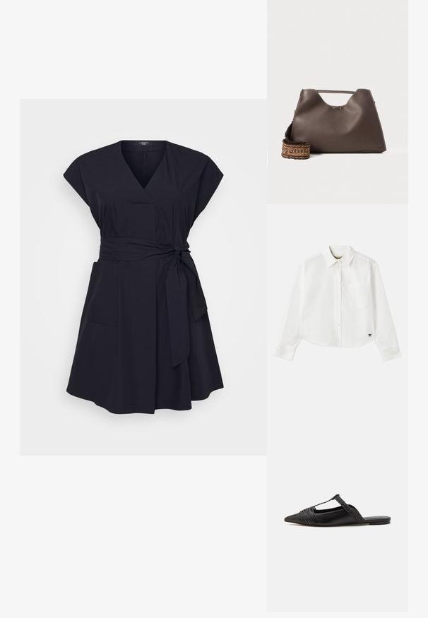 Tumedat sinine seotud kleit kerge kangaga, lühikeste varrukatega, vöödiga taljes, kahe esiseguga ja laiendava seelikuosaga.; Valge lühikesed varrukad puuvillane särk. Omab nööbiga esist, rinna taskut ning väikest musta logo all vasakul.; Must kuulsad nahast kandadega kingad, millel on terav nina, koos kootud detaili ja volditud ülaosaga. Lame tald minimaalse riistvaraga.; Pruun nahkne käekott tekstureeritud viimistlusega, nurkadega disain ja silmapaistev ülemine sang. Omab mustriga kootud rihma detaili.