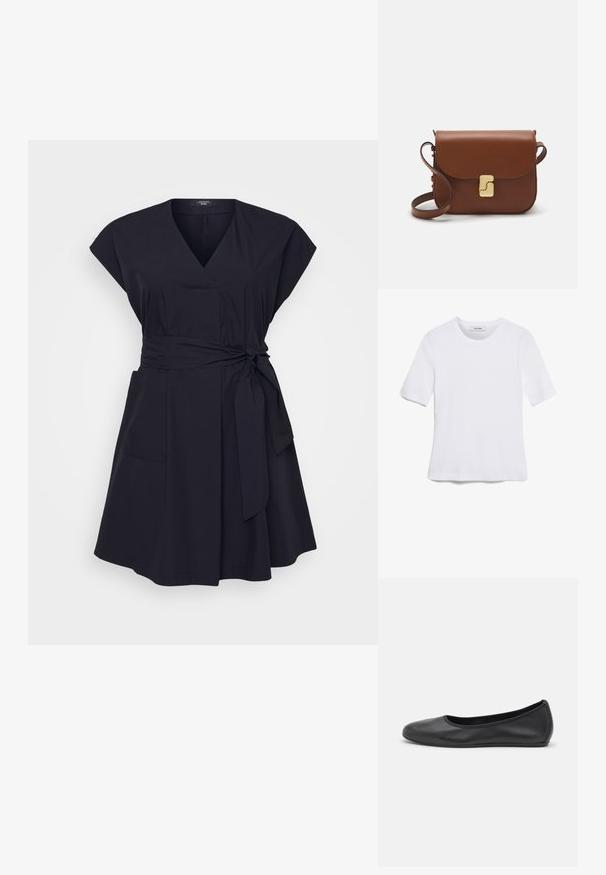 Abito avvolgente blu navy in tessuto leggero con maniche corte, vita con cintura, due tasche frontali e gonna svasata.; T-shirt bianca a maniche corte realizzata in tessuto a costine. Collo rotondo, vestibilità regolare e dettagli di cucitura sottili. Senza motivi o grafiche.; Pantofole da balletto nere in pelle con punta arrotondata, texture liscia, dettagli di cucitura minimi e design con suola flessibile.; Borsa a tracolla in pelle marrone con chiusura a pattina, hardware color oro, tracolla e una finitura liscia. Forma rettangolare compatta.