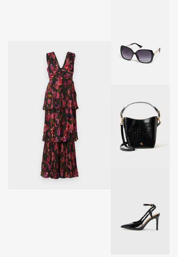 Musthave lilled kleit mustas värvitoonis, millel on roosa ja punane lillemuster. Pleeditud tekstuur, V-kaelus ja kihiline disain, mille ääres on volangid.; Mustast patendnahast kõrge kontsaga slingback kingad, millel on terav varvas, reguleeritav pahkluu rihm ja avatud küljed. Sile tekstuur.; Mustad ümarad päikeseglaasid, millel on gradient objektiivid, paksud raamid ja kuldse tooni kettaga kaunistused tempelitel.; Mustad krokodillimustriga must nahast kott, millel on kõver kuju, kuldse riistvara aktsessid, reguleeritav rihm ning logodetail esiosas.