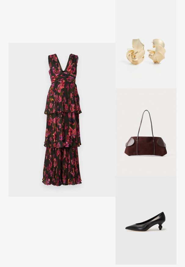 Kvetinové maxi šaty v čiernej farbe s ružovými a červenými kvetmi. Záhybová textura, výstrih do V a vrstvený dizajn s volánovými akcentmi na leme.; Čierna kožená vysoká topánka na podpätku s ostrým špičkou a okrúhlym, guľatým podpätkom. Hladký povrch s moderným, minimalistickým dizajnom.; Hnedá semišová taška s koženými akcentmi, štruktúrovaný tvar, dvojité ramenné popruhy a zaoblené okraje, s hladkou textúrou a minimálnym hardvérom.; Textúrované náušnice z kovu v zlatom tóne so sochárskym, špirálovitým dizajnom. Obsahujú hladké povrchy a krivky odrážajúce svetlo.