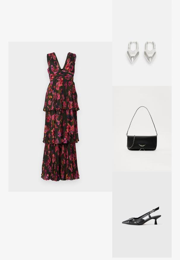 Musthave lilled kleit mustas värvitoonis, millel on roosa ja punane lillemuster. Pleeditud tekstuur, V-kaelus ja kihiline disain, mille ääres on volangid.; Must must have must toote tõmblukuga, dekoratiivsed rihmad metallist silmadega ja madal blokk-kand. Tekstureeritud pind.; Mustvalge nahk käekott hõbedase ahelsanga ja dekoratiivsete tiivaaktsentidega, samuti valgete õmblustega alumises ühenduses.; Hõbedased südamekujulised lukuvidinad, millel on kohandatud "JAA" ja "EI" tekst, poleeritud viimistlus, sümmeetriline disain ja tugev metallist klamber.