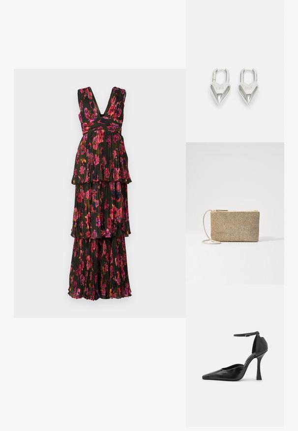 Melnu ziedu maksi kleita ar rozā un sarkaniem ziediem. Plepota tekstūra, V veida kakla izgriezums un slāņota dizaina ar viļņainiem akcentiem apakšmalā.; Melnas augstpapēžu kurpes ar spīdīgu apdari, smailu purngalu, potītes siksniņu un izveidotu stiletto papēdi. Gluda tekstūra un elegants dizains.; Loeffler Randall YASMINE FLAT CLUTCH - Plecu soma - gold; Sudraba sirdī formas piekariņi ar iegravētiem "JĀ" un "NĒ" tekstiem, pulēta apdare, simetrisks dizains un izturīgs metāla aizdare.