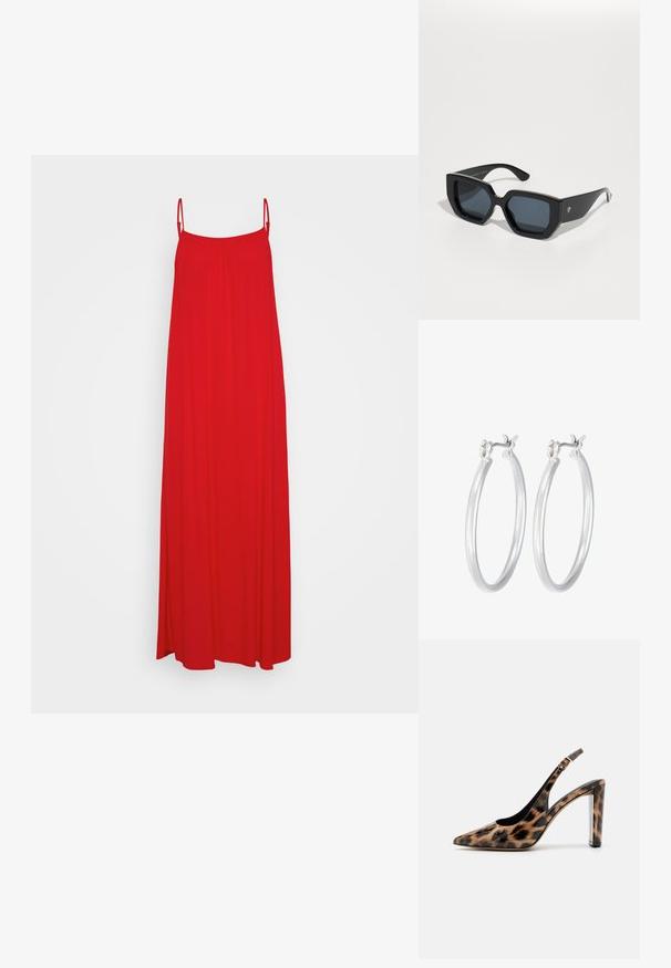 Červené, dlhé maxi šaty s tenkými nastaviteľnými ramienkami, voľným strihom a hladkým, ľahkým materiálom. Bez vzorov alebo kovových detailov.; Lodičky so slingback v leopardom vzore s ostrou špičkou a priehľadným blokovým podpätkom. Vyrobené z lesklého materiálu s hladkou textúrou.; Čierne nadrozmerné slnečné okuliare s geometrickým vzorom, obdĺžnikové šošovky a lesklý povrch. Na prednej strane nie sú viditeľné žiadne značky.; Strieborné kruhové náušnice s hladkým, lesklým povrchom. Kolový tvar a bezpečné klikanie na uzatváranie. Ľahký dizajn vhodný na každodenné nosenie.