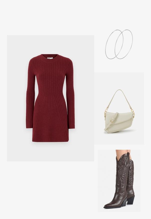 Hladce pletené šaty v tmavě burgundské barvě s dlouhými rukávy, kulatým výstřihem a přiléhavým střihem s geometrickými liniemi pro strukturovaný vzhled.; Hnědé kožené kovbojské boty s špičatou špičkou a blokovým podpatkem, se zdobným prošíváním a vyvýšenými akcenty na nárazu.; Malá krémová kabelka s texturovaným povrchem, dlouhým nastavitelným popruhem, řetízkovým akcentem a klopou. Ozdobné detaily zlaté barvy.; Stříbrné kruhové náušnice s minimalistickým designem. Kruh, hladký povrch a tenký profil. Lehká konstrukce s lesklým povrchem.