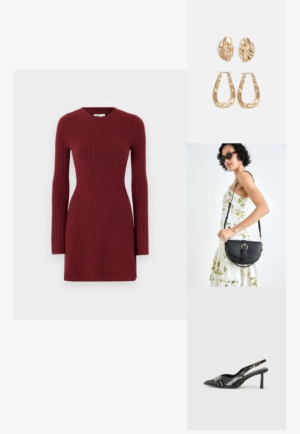 Vestido de malha canelada em bordeaux profundo com mangas longas, decote redondo e um design ajustado com linhas geométricas para um visual estruturado.; Sapato slingback preto em pele patentada com bico apontado, tiras no tornozelo apresentando fivelas e acessórios prateados, e um salto elegante.; Bolsa de couro preta com forma curva, alça destacável e detalhes em dourado. A bolsa possui uma aba com detalhe de fivela.; Brincos em tom de ouro com formas onduladas e texturizadas. Inclui studs escultóricos com presilha e um design de argola aberta com um acabamento martelado.