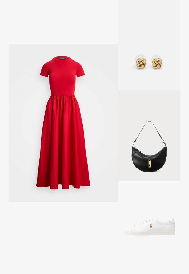 Vestido midi vermelho com mangas curtas, corpete ajustado e saia franzida. Feito de um tecido suave com decote redondo e sem fechos visíveis.; Sapatilhas de couro brancas, design de cano baixo, com textura suave, biqueira redonda, atacadores à frente e um pequeno logótipo bordado na lateral.; Bolsa de couro preto em forma de meia-lua. Apresenta um detalhe em metais dourados e uma alça estreita. Textura suave, fechamento em zíper na parte superior.; Brincos de pressão em tom dourado com um design torcido. Cada brinco possui uma base circular transparente para um uso seguro.