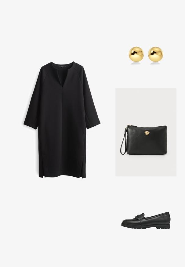 Black dress made of soft fabric, featuring a V-neck, three-quarter sleeves, side slits, and a relaxed fit. Minimalist and contemporary design.; Black leather loafer with a rounded toe, featuring a decorative bow detail and a textured rubber sole for grip. Simple and flat design.; Black leather clutch bag with a gold Medusa emblem, zip closure, and a detachable strap, featuring a smooth texture and rectangular shape.; Gold-colored spherical earrings with a shiny, reflective surface. The design is simple and smooth, creating a modern, minimal look.