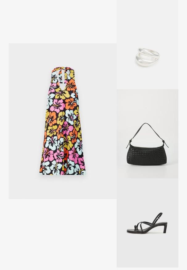 Halter tipa kleita ar dzīvīgu ziedu rakstu rozā, oranžā, dzeltenā un zilā krāsā uz melna fona un ar atslēgvūrtiņu dekoltē.; Melnas strappy sandales ar kvadrātveida purngaliem un zemu bloku papēdi. Ievērojamas ar vairākiem plāniem siksniņām un regulējamu potītes siksniņu. Izgatavotas no gludas ādas.; Melns austs plecu soma ar gludu ādas siksnu un rāvējslēdzēja aizdari. Iezīmējas ar teksturētu virsmu un izliekumu.; Sudraba divu joslu gredzens ar gludu, pulētu virsmu. Iezīmējas ar plūstošu, izliekta dizaina struktūru ar pārklājošām sekcijām modernam izskatam.