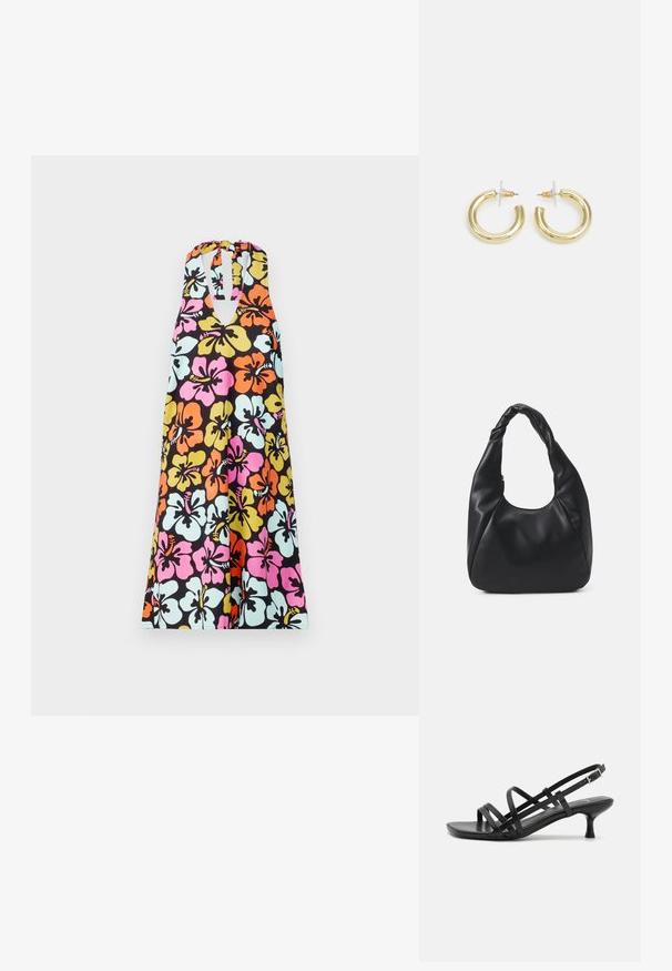 Kaklo įkirpimo suknelė su ryškiu gėlių raštu: rožinės, oranžinės, geltonos ir mėlynos spalvų ant juodo fono.; Juodos aukštakulnės šlepetės su keliais perrištomis juostelėmis. Lygi medžiaga, smailas nosis ir siauras kulnas. Reguliuojama kulkšnies juostelė su sagtimi.; Juodas hobo krepšys, pagamintas iš lygaus odos panašaus materiaus, su susuktos rankenos, turintis minkštą, apvalią formą ir viršutinį užtrauktuką.; Aukso auskarai su lygiu, blizgiu paviršiumi. Apvalus dizainas su maža užrakto dalimi ir skaidria atrama saugiam nešiojimui.