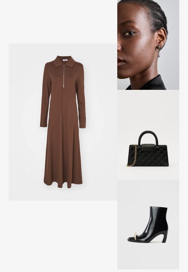 Hnědé šaty s dlouhým rukávem, se strukturovaným límcem a předním zipem. Vyrobené z hladkého materiálu, mají volný střih a splývavou sukni.; Černé kotníkové boty vyrobené z lesklé kůže, s špičatou špičkou a dekorativním zlatým a stříbrným akcentem na přední straně. Design s blokovým podpatkem.; Černá kabelka vyrobená z texturované kůže se vzorem diamantů, zlatě tónovaný řetízek, a horní rukojeť s klopou opatřenou embosovaným logem.; Zlaté květinové náušnice mají texturované černé střed a jemné detaily. Modelova jasná pleť a splétané vlasy jsou viditelné v profilu.