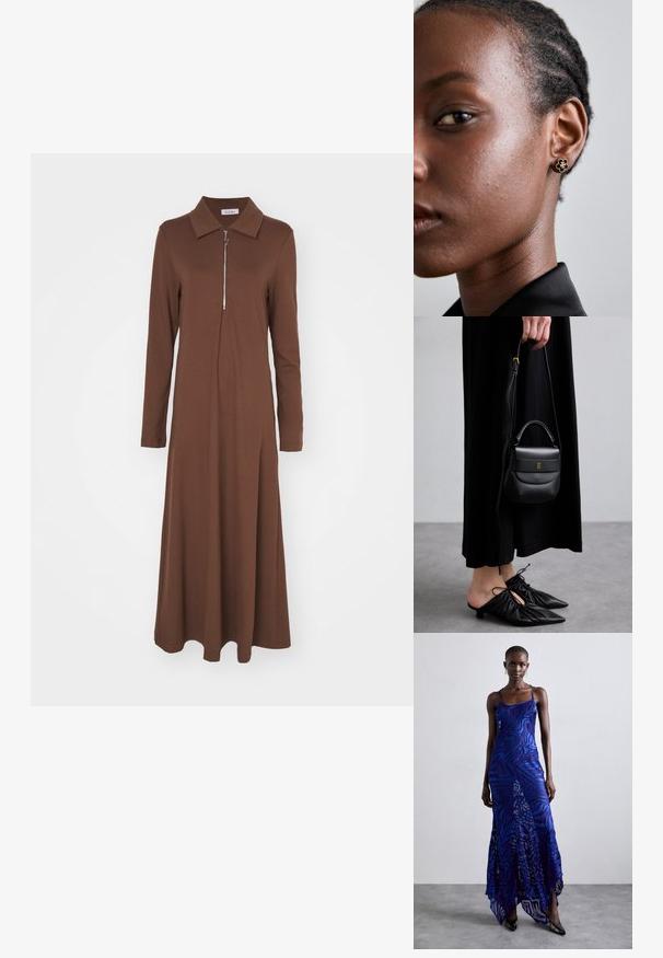 Brązowa sukienka z długim rękawem, z wyraźnym kołnierzykiem i zamkiem błyskawicznym z przodu. Wykonana z gładkiego materiału, charakteryzuje się luźnym krojem oraz zwiewną spódnicą.; Maxi sukienka w niebiesko-fioletowy wzór zwierzęcy, z cienkimi ramiączkami, dopasowanym gorsetem, rozkloszowanym dołem i przeźroczystymi detalami.; Mała czarna skórzana torebka o zaokrąglonym kształcie, z uchwytem na górze i odpinanym paskiem. Noszona z czarną sukienką materiałową i czarnymi plisowanymi butami.; Złote kolczyki w kształcie kwiatu posiadają teksturowane czarne centrum i delikatne detale. Skóra modelki o przejrzystej cerze oraz splecione włosy są widoczne w profilu.