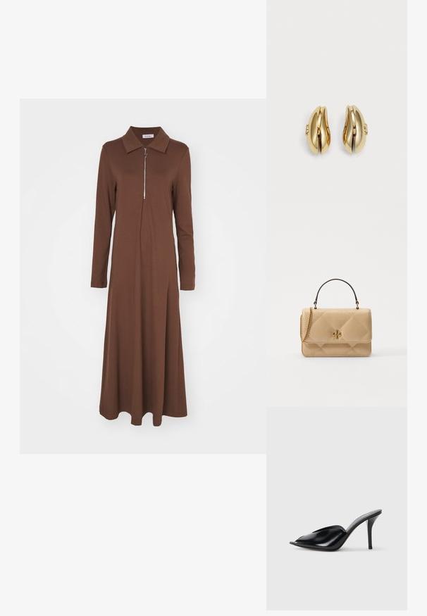Barna, hosszú ujjú ruha strukturált gallérral és elülső cipzárral. Simaságot sugárzó anyagból készült, laza szabású és lágyan hullámzó szoknyájú.; Fekete bőr, nyitott orrú, hegyes kialakítású, sima textúrájú, és karcsú tűsarokkal rendelkező magassarkú mules.; Beige, steppelt bőrtáska aranyozott fémalkatrészekkel, láncos vállpánttal és felső fogantyúval. Elöl klappal és jellegzetes logó részlettel rendelkezik.; Aranyszínű fülbevalók, amelyek áramló, ívelt formájúak. Minden fülbevaló sima felülettel és egy kis kapoccsal rendelkezik, amely dekoratív részletet tartalmaz.