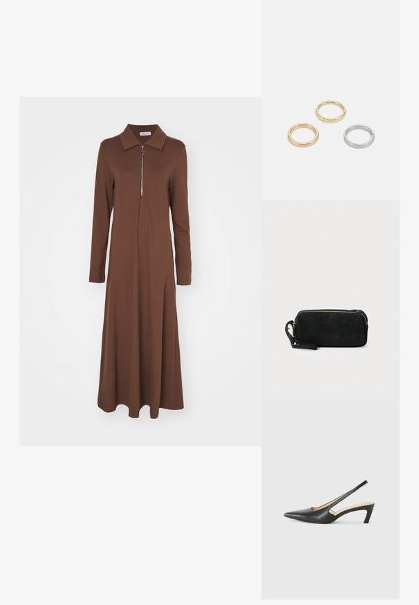 Ruda ilgaa rankovė su struktūrizuota apykakle ir priekyje esamu užtrauktuku. Pagaminta iš lygaus audinio, turi laisvą siluetą ir plazdančią sijoną.; Juodas smailus slingback batelis su žemu kulnu, pagamintas iš lygaus odos paviršiaus ir su išpjovomis šone, užtikrinančiomis oro pralaidumą.; Juodas zomšos sankabos krepšys su užtrauktuku ir nuimamu riešo dirželiu. Krepšys turi auksinės spalvos detales ir lygią, matinę tekstūrą.; Trys metalinės žiedai: vienas rožinės aukso, vienas auksinis su tekstūruotais akcentais ir vienas sidabrinis, visi su įmintu ženklinimu vidinėje juostoje.
