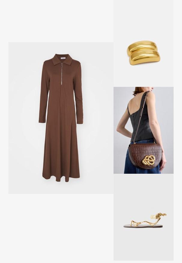 Barna, hosszú ujjú ruha strukturált gallérral és elülső cipzárral. Simaságot sugárzó anyagból készült, laza szabású és lágyan hullámzó szoknyájú.; Lapos szandál, aranymetál bevonattal, vékony pántokkal és megkötős záródással. A talpa barna bőrből készült, minimális dizájnnal.; Barna, krokodilbőr mintázatú bőrtáska ívelt, strukturált kialakítással és aranyszínű csomóval díszítve. Állítható pánt és sima felület jellemzi.; Arany színű fém hajcsat, sima, lekerekített formával. A felszíne fényes, összekapcsolt, ívelt formát mutat, díszítések nélkül.; Arany színű fém hajcsat, sima, lekerekített formával. A felszíne fényes, összekapcsolt, ívelt formát mutat, díszítések nélkül.