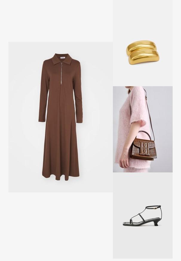 Vestido castanho de mangas longas com colarinho estruturado e fecho éclair frontal. Feito de um tecido suave, apresenta um corte descontraído e uma saia fluida.; Sandália de couro preta com biqueira quadrada, tiras finas, correia ajustável no tornozelo e um salto baixo. Possui um pequeno detalhe em ouro na tira.; Bolsa de mão em pele de crocodilo castanha com alça superior e faixa para ombro. Apresenta um logótipo proeminente na aba frontal. Textura suave.; Clipe de cabelo em metal dourado com um design liso e arredondado. A superfície é reflexiva, apresentando uma forma curvada unida sem embellishments adicionais.