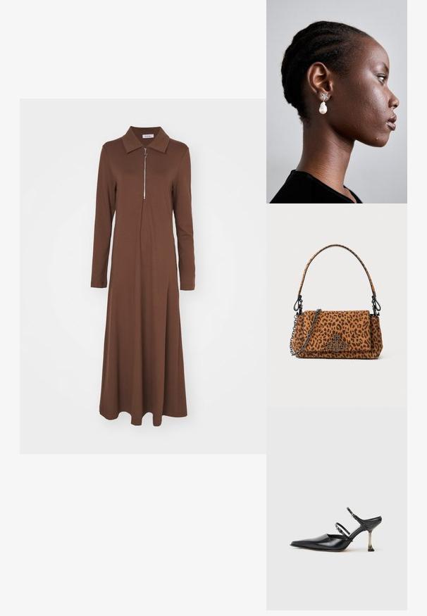 Ruskea pitkähihainen mekko, jossa on jämäkkä kaulus ja edessä vetoketju. Valmistettu sileästä kankaasta, siinä on rento leikkaus ja valuva helma.; Musta nahkainen kärkitossu kengät, joissa on kaksi säädettävää hihnaa ja metallinen korko. Sujuva pinta ja minimalistinen muotoilu.; Käsilaukku, jonka kuosi on leopardikuvioinen, valmistettu mokasta. Siinä on lyhyt käsittely sekä ketjuolkaintuki ja musta metallikiinnitys. Laukku on suorakulmainen muotoinen ja siinä on läpällä suljettavissa.; Tory Burch STAR DROP EARRING - Korvakorut - silver-coloured