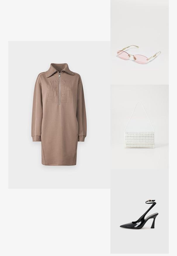 Abito felpa beige con colletto alto e zip a metà, caratterizzato da motivi geometrici in rilievo e cuciture bianche a contrasto lungo le maniche.; Slingback eleganti in pelle verniciata nera con punta appuntita, cinturino alla caviglia regolabile e tacco quadrato moderato. Texture liscia con finitura lucida.; Gucci Occhiali da sole - gold-coloured/pink; Borsa bianca con forma arrotondata, caratterizzata da una superficie texturizzata di borchie argento. Ha una sottile tracolla e una chiusura elegante.