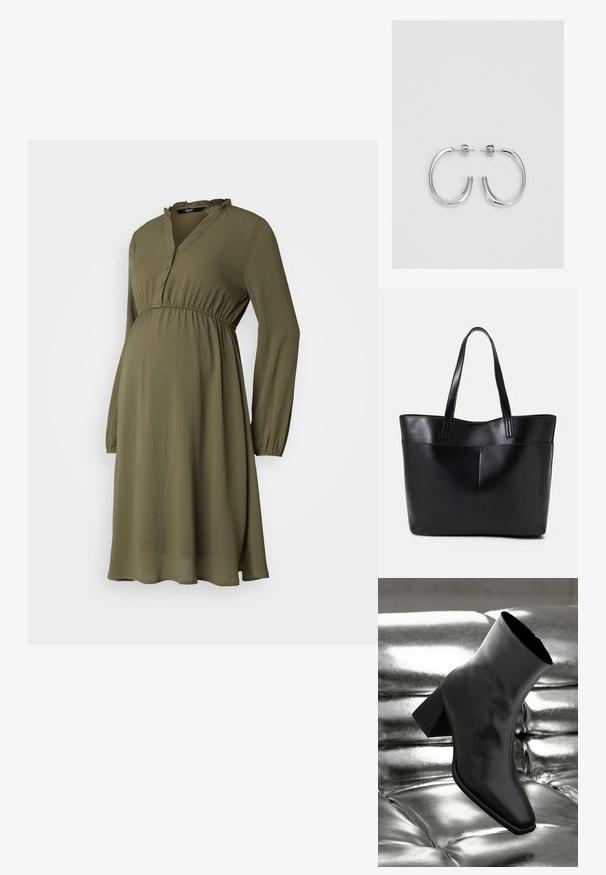 Vero Moda Maternity VMMAYA V NECK DRESS - Dnevna obleka - kalamata; Črne gležnjarje iz sijočega materiala s kvadratnim prstom in zoženim peto, postavljene na sijoče srebrno oblazinjeno ozadje.; Črna usnjena torba z dvema dolgima ročajema, gladko teksturo in strukturirano obliko. Ima sprednji žep za dodatno shranjevanje.; Srebrne obročaste uhane z gladko, sijočo površino. Zaobljena oblika, lahka zasnova, z zapiranjem na zatič.