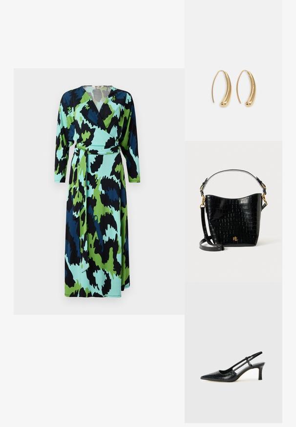 Kleit ar apvēršanu drosmīgā printā, kas ietver zaļas, zilas un melnas abstraktas raksts. Izgatavota no mīkstas auduma, ar garām piedurknēm un jostu.; Melna patent āda ar slīdošo papēdi un smailo purngalu, ar teksturētu čūsku drukājumu, regulējamu siksniņu un īsu teksturētu blokpapēdi.; Melnas krokodila raksts ādas soma ar izliekta formu, zelta aparatūru, regulējamu siksnu un logotipa detaļu priekšpusē.; Zelta toņu metāla gredzena auskari ar izliektu, pagarinātu formu. Ar gludu, spīdīgu virsma un noapaļotu galu papildu detaļām.