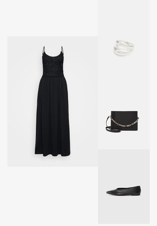 Black maxi dress with a lace bodice, spaghetti straps, and a gathered skirt. The fabric is smooth with a flowing design and full length.; Black leather ballet flat, pointed toe, minimalistic design, smooth texture, low-profile heel, no visible hardware or embellishments.; Black leather crossbody bag featuring a smooth texture, rectangular shape, and a metallic chain detail on the front. Adjustable strap included.; Silver double-band ring with a smooth, polished surface. Features a fluid, curved design with overlapping sections for a modern look.