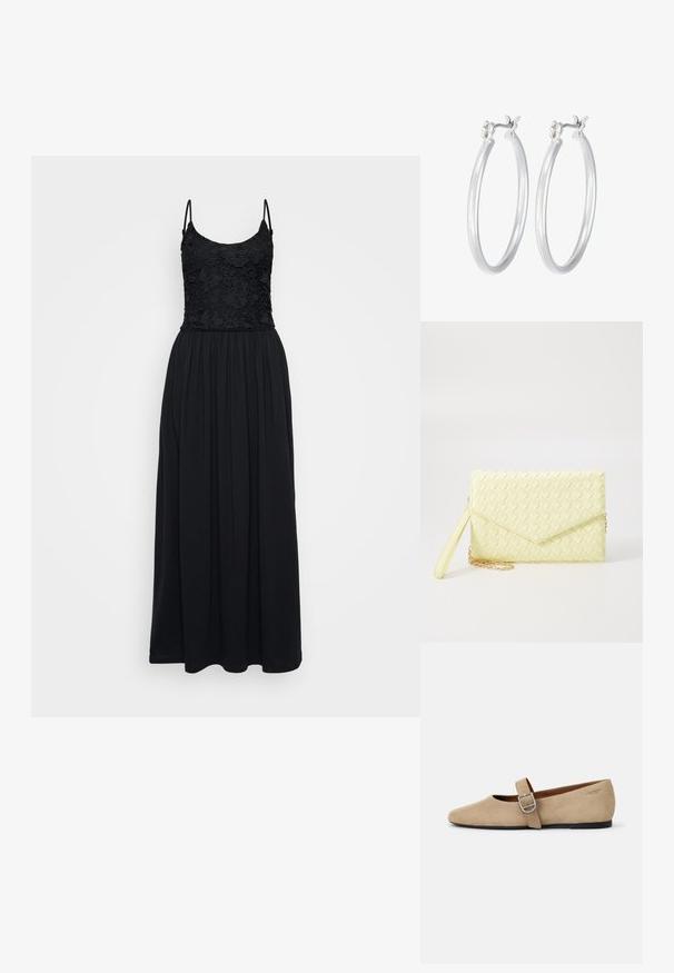 Juoda maksi suknelė su nėriniuotu liemeniu, špagetėmis ir surinktu sijonu. Medžiaga yra lygi, su laisvu dizainu ir pilna ilgiu.; Bežiniai zomšiniai Mary Jane balerinos su smailiu pirštu ir viena reguliuojama juosta su sidabriniu užsegimu. Juoda plokščia padas.; Geltona audinė piniginė su užsegimu, nuimamą rankinę juostą ir auksinį akcentą. Lygi tekstūra ir stačiakampis forma.; Sidabriniai auskarai su sklandžiu, poliruotu paviršiumi. Apvalios formos ir saugus uždarymo mechanizmas. Lengvas dizainas, tinkantis kasdieniam dėvėjimui.