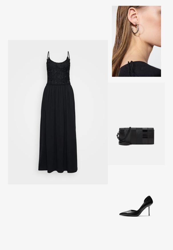 Black maxi dress with a lace bodice, spaghetti straps, and a gathered skirt. The fabric is smooth with a flowing design and full length.; Black leather stiletto heel with a pointed toe and cutout sides. Smooth texture and high, slender heel create an elegant silhouette.; Black accessory bag featuring a mix of shiny, textured panels with a chain strap. Rectangular shape with a smooth finish and subtle accents.; Silver hoop earring with a polished finish, featuring small gold accent details and a round shape, worn on the lobe.
