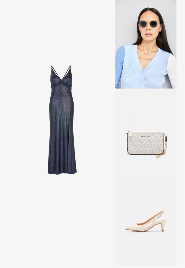 Dlhé, tmavomodré šaty bez rukávov s lesklým povrchom. Majú zberaný dekolt a bočný rozparok pre ľahký pohyb. Kovový akcent v látke.; Biele slingback topánky na podpätku s ostrou špičkou, hladkým vrchným materiálom, nízkym blokovým podpätkom a bočným výrezom s nastaviteľným remienkom na pracku.; Okrúhle slnečné okuliare s tmavými šošovkami a zlatým rámom. Modelka má na sebe svetlomodrý pletený kardigán s gombíkmi a bielymi rukávmi v kontraste.; Michael Kors zápästná taška v béžovej potiahnutej plátenej tkanine s opakujúcim sa vzorom loga MK, zlatým kovania a odnímateľným reťazovým popruhom.